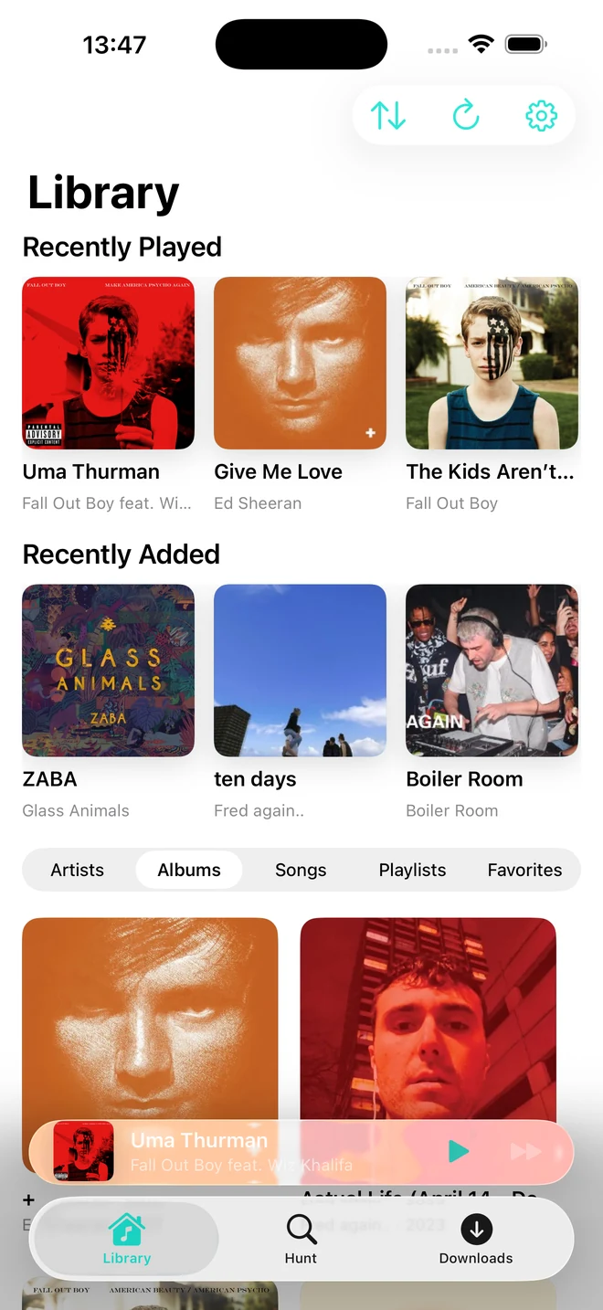 Honu Library screen, showing recently played and recently added albums