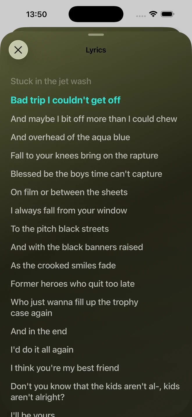 Honu Lyrics screen with the current line highlighted