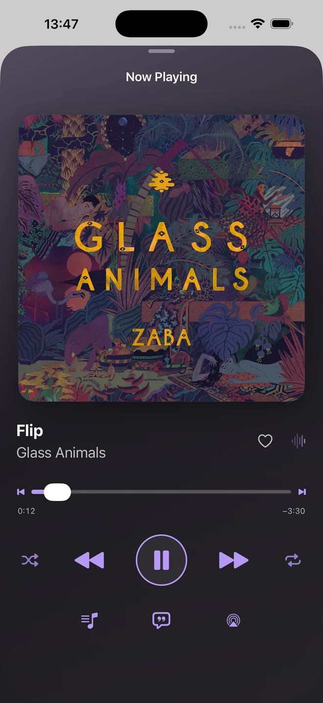 Honu Now Playing screen with full-size album art